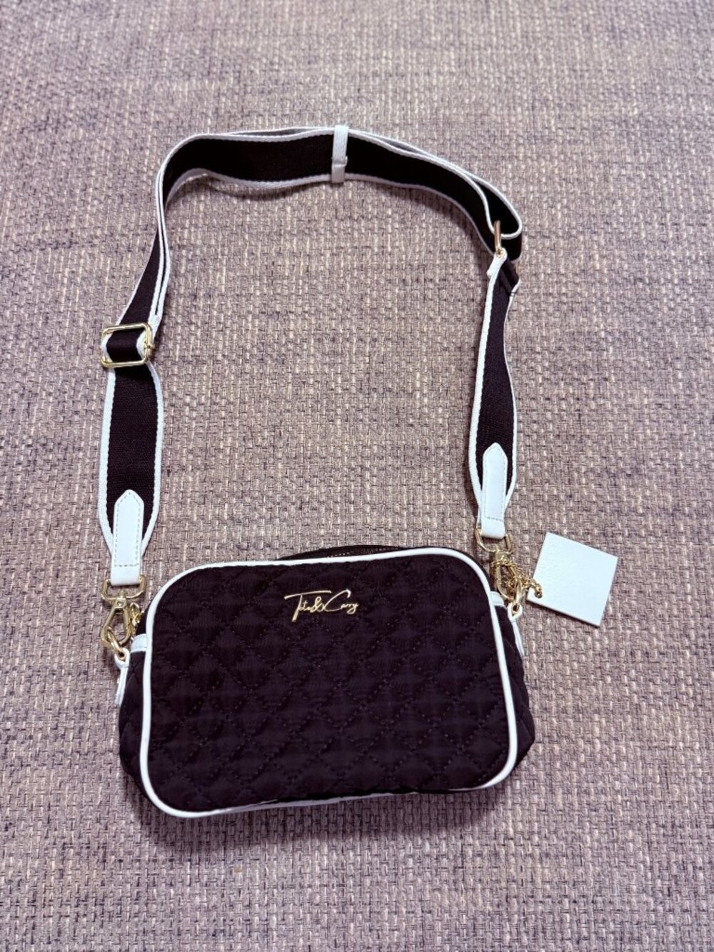 Tote & Carry Black Diamond Quilted Canvas Camera Crossbody Bag